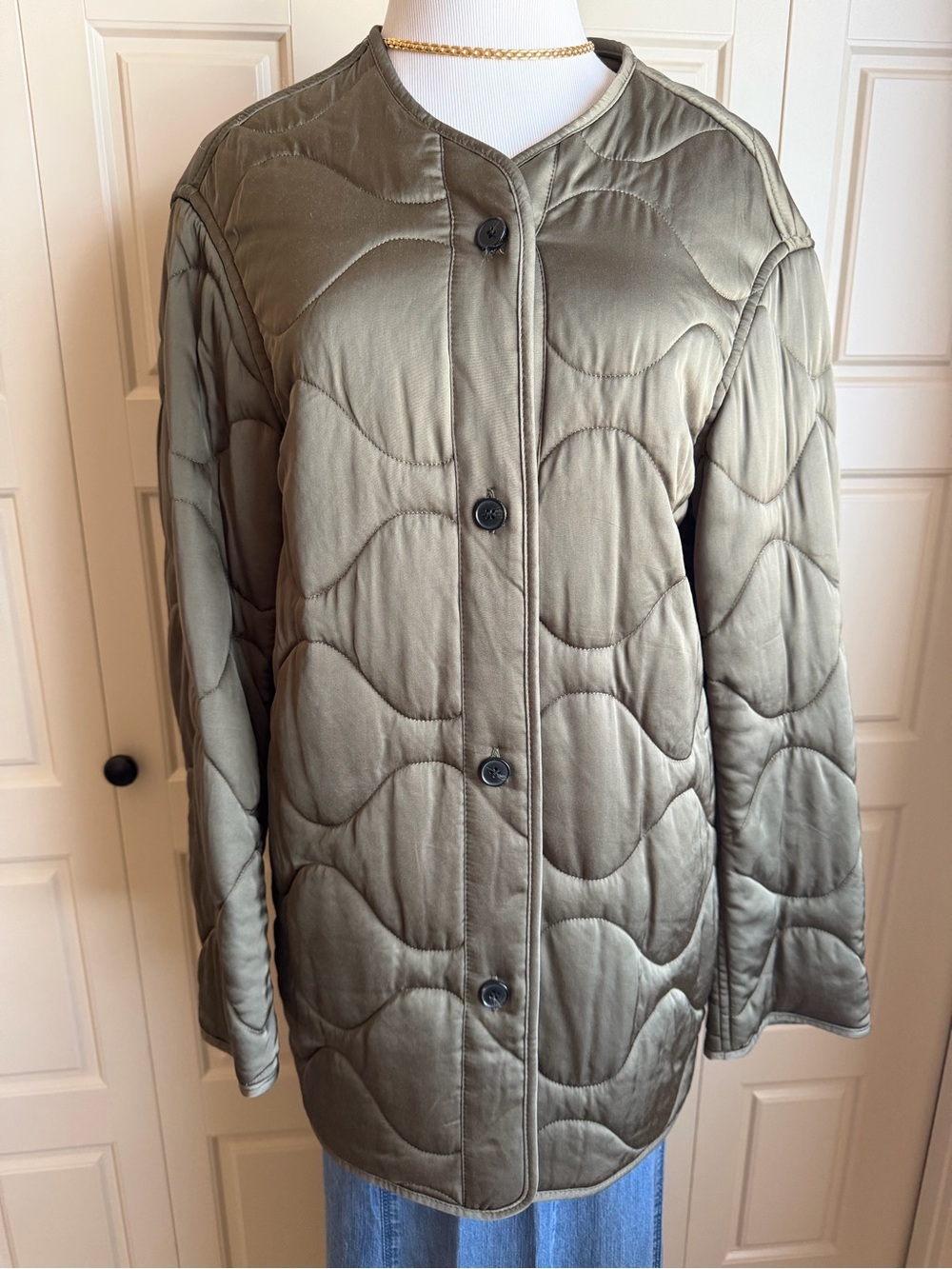 AllSaints Quilted Olive Green Button-Up Puffer Jacket Liner. I wore it as a coat